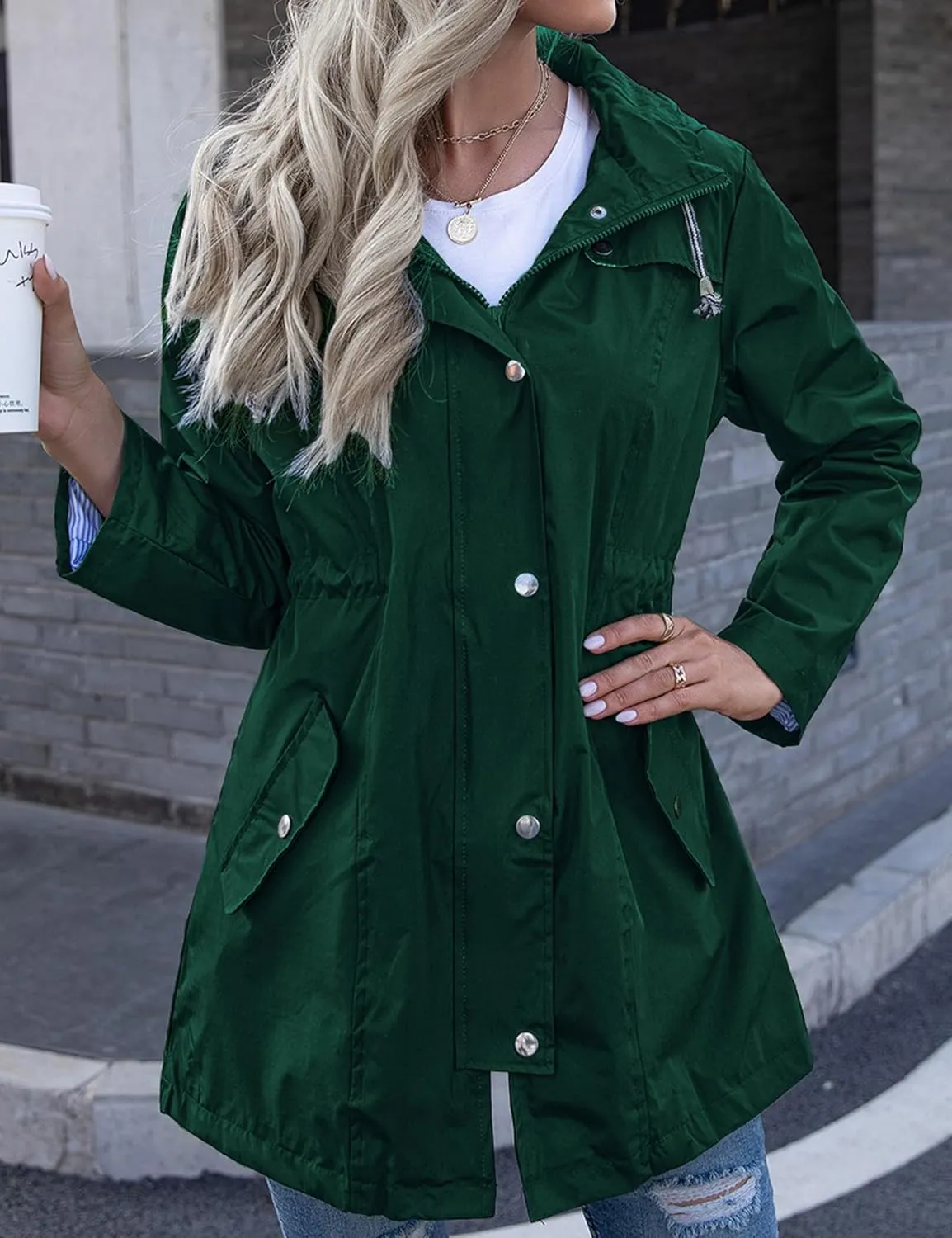 Rain Jacket Women Striped Lined Hooded Lightweight Raincoat Outdoor Waterproof Windbreaker