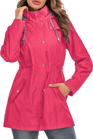 Rain Jacket Women Striped Lined Hooded Lightweight Raincoat Outdoor Waterproof Windbreaker