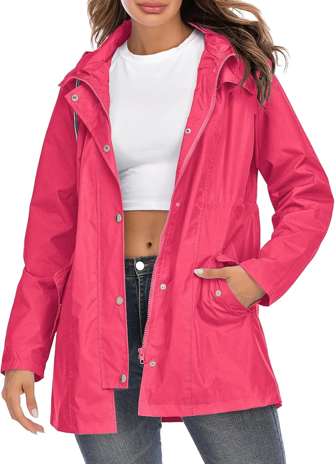 Rain Jacket Women Striped Lined Hooded Lightweight Raincoat Outdoor Waterproof Windbreaker