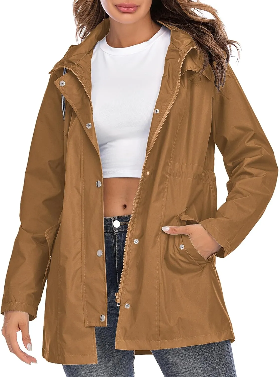 Rain Jacket Women Striped Lined Hooded Lightweight Raincoat Outdoor Waterproof Windbreaker