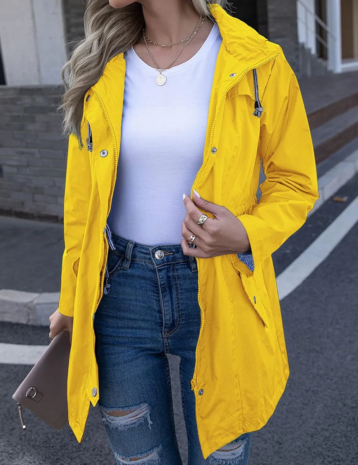 Rain Jacket Women Striped Lined Hooded Lightweight Raincoat Outdoor Waterproof Windbreaker