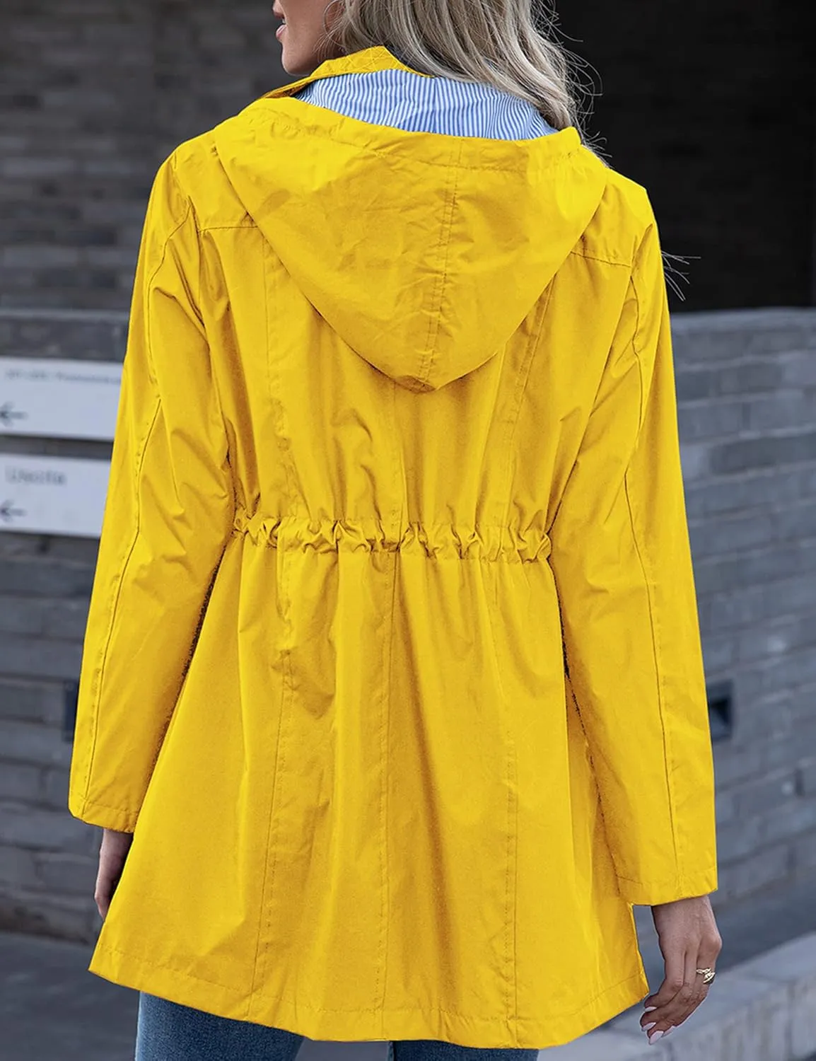 Rain Jacket Women Striped Lined Hooded Lightweight Raincoat Outdoor Waterproof Windbreaker