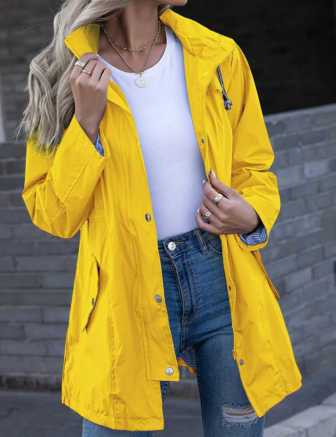 Rain Jacket Women Striped Lined Hooded Lightweight Raincoat Outdoor Waterproof Windbreaker