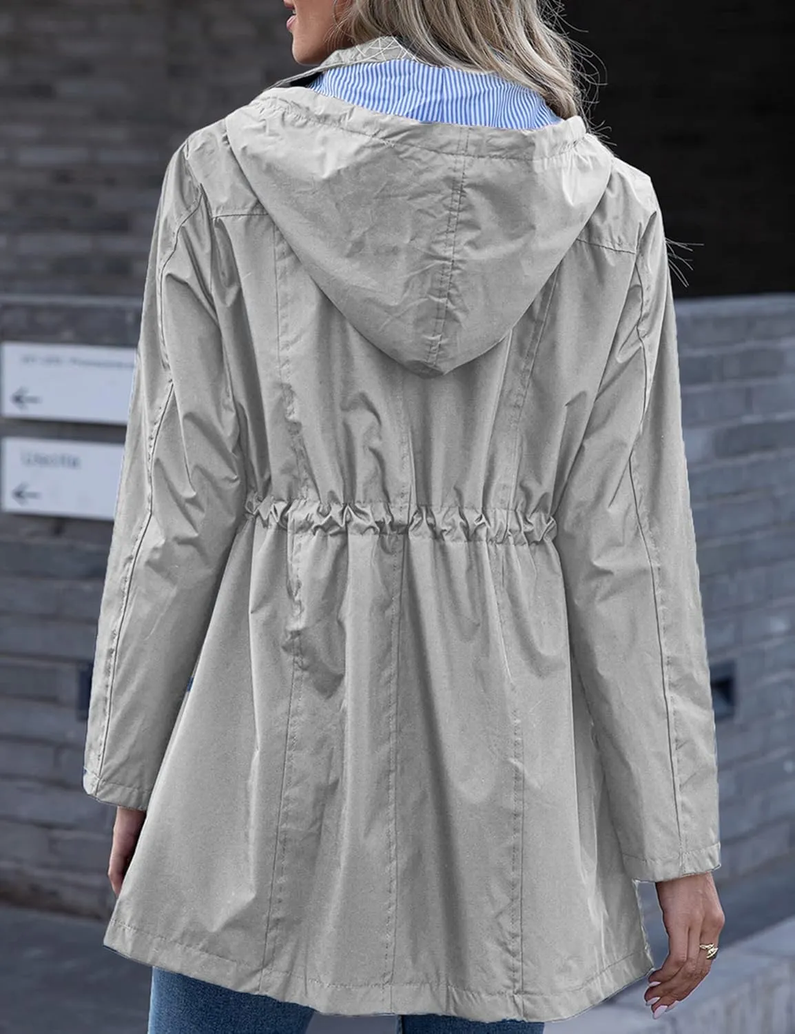 Rain Jacket Women Striped Lined Hooded Lightweight Raincoat Outdoor Waterproof Windbreaker