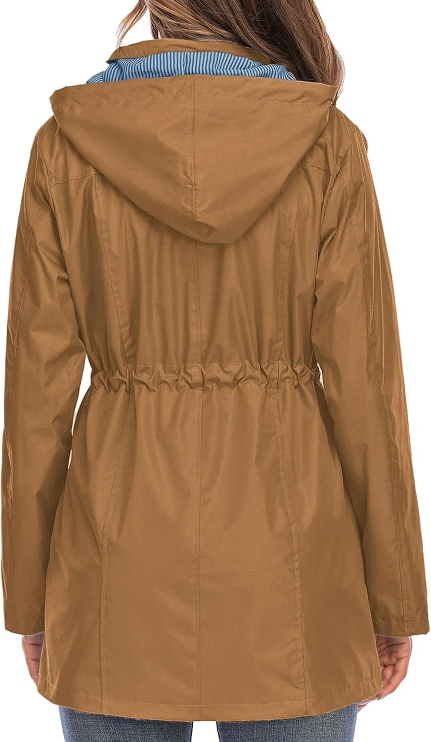 Rain Jacket Women Striped Lined Hooded Lightweight Raincoat Outdoor Waterproof Windbreaker