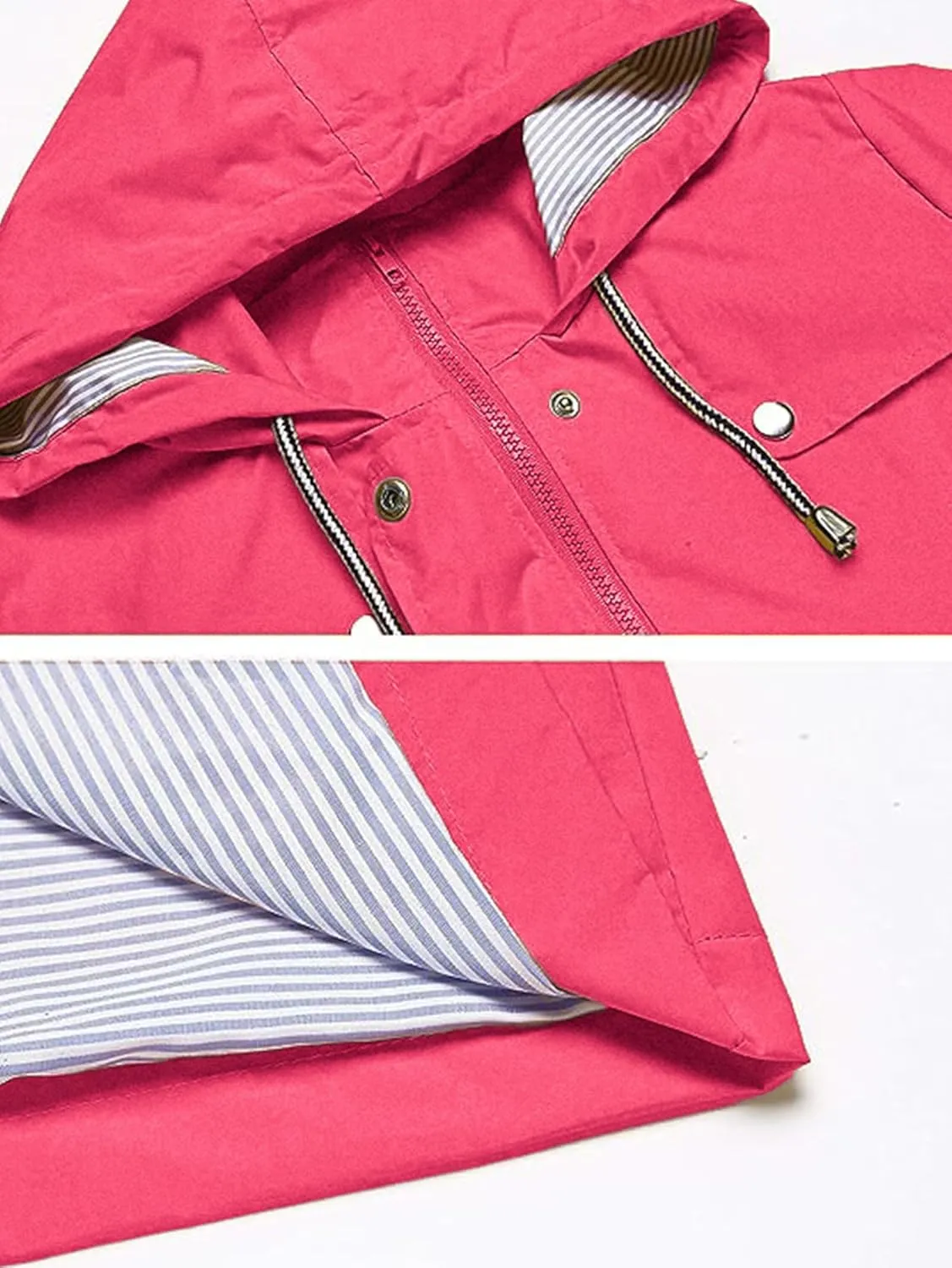 Rain Jacket Women Striped Lined Hooded Lightweight Raincoat Outdoor Waterproof Windbreaker