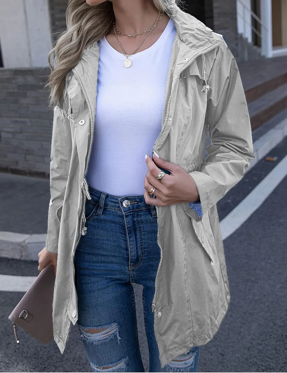 Rain Jacket Women Striped Lined Hooded Lightweight Raincoat Outdoor Waterproof Windbreaker