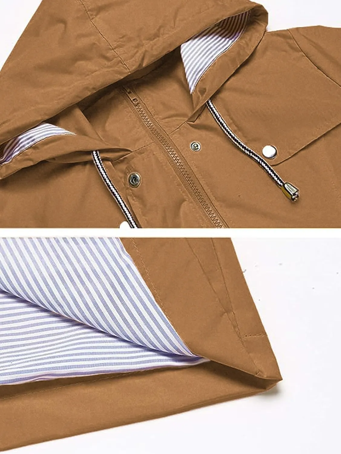 Rain Jacket Women Striped Lined Hooded Lightweight Raincoat Outdoor Waterproof Windbreaker