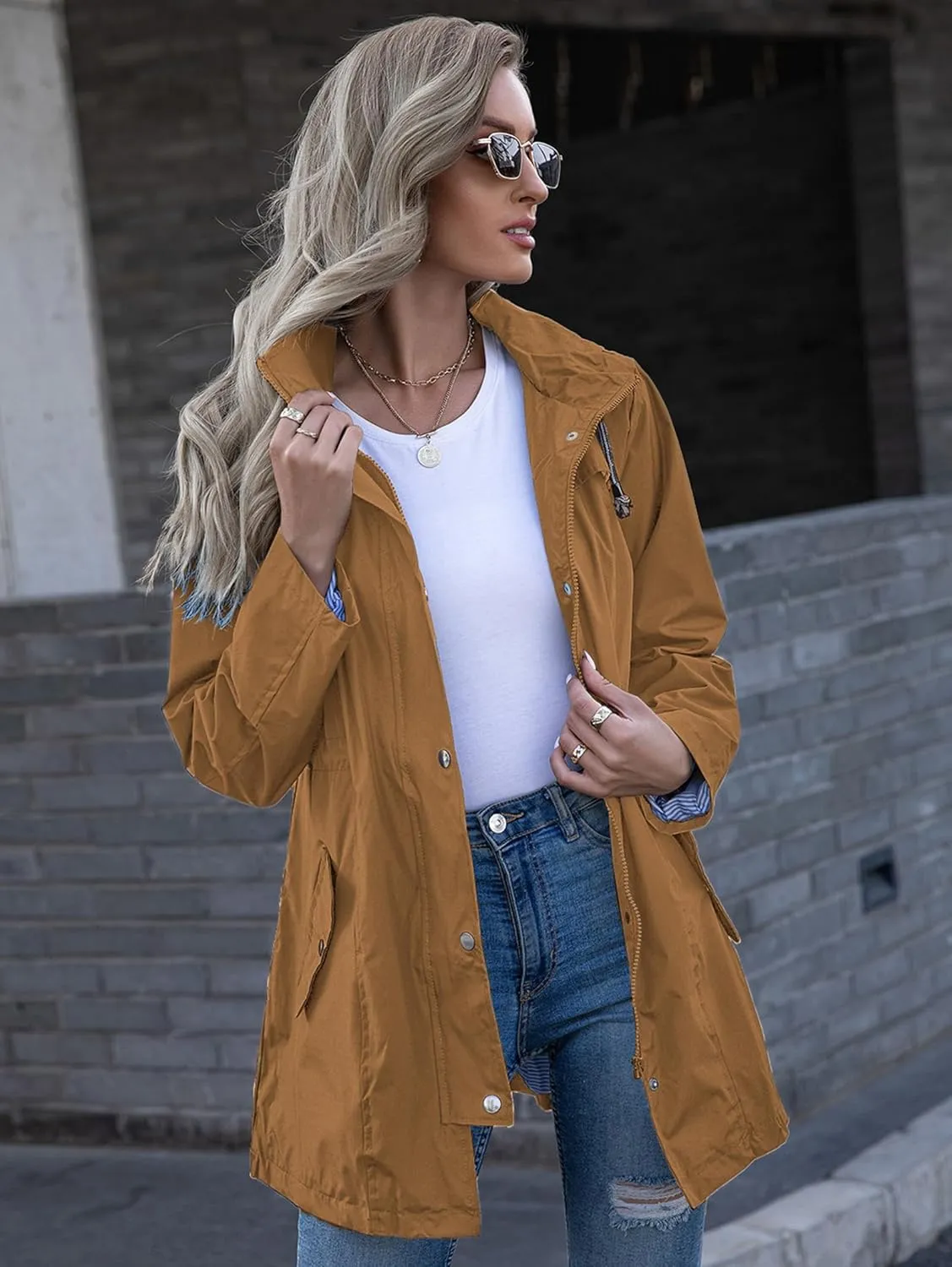 Rain Jacket Women Striped Lined Hooded Lightweight Raincoat Outdoor Waterproof Windbreaker