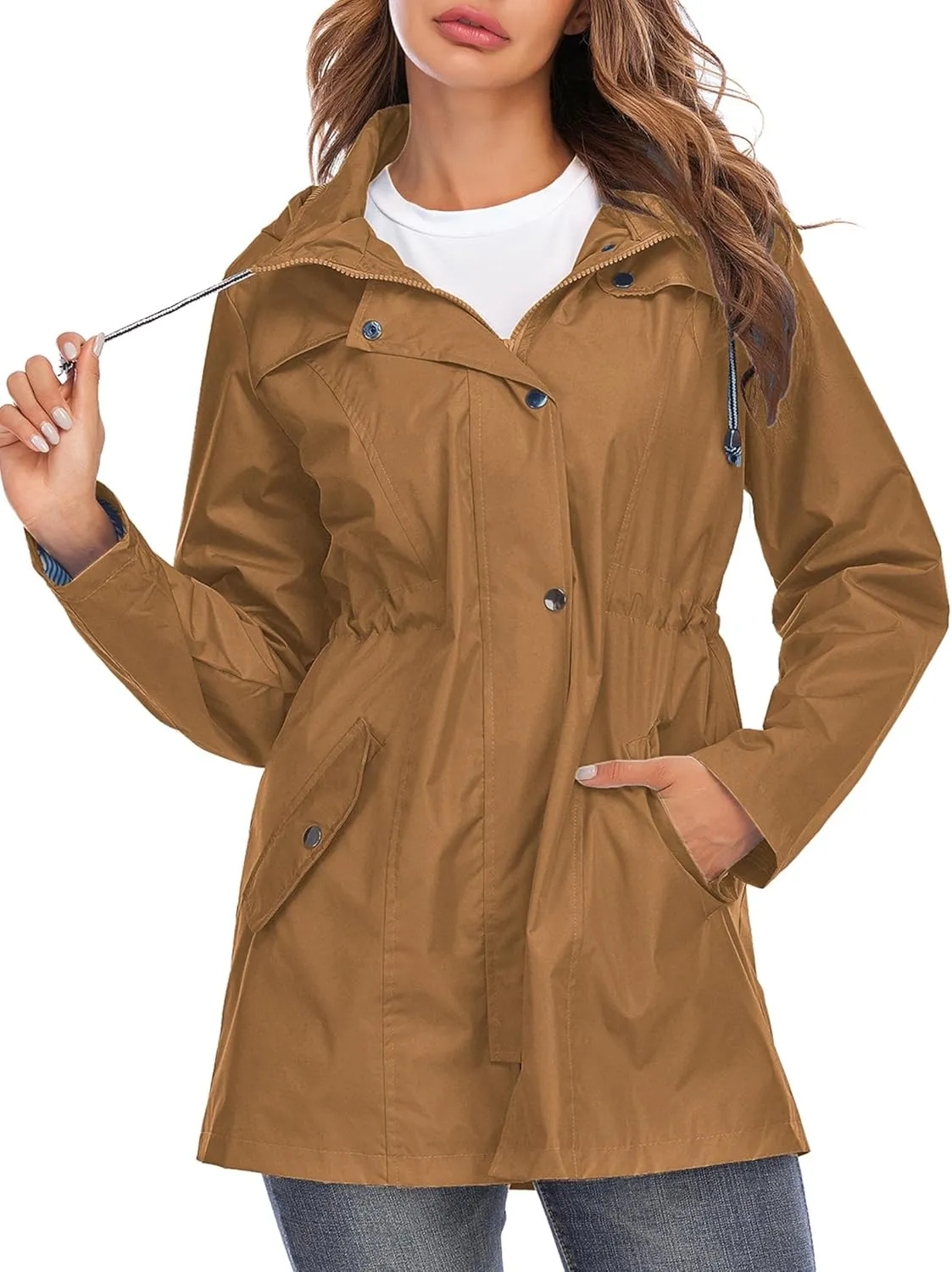 Rain Jacket Women Striped Lined Hooded Lightweight Raincoat Outdoor Waterproof Windbreaker