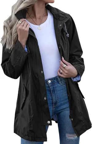 Rain Jacket Women Striped Lined Hooded Lightweight Raincoat Outdoor Waterproof Windbreaker