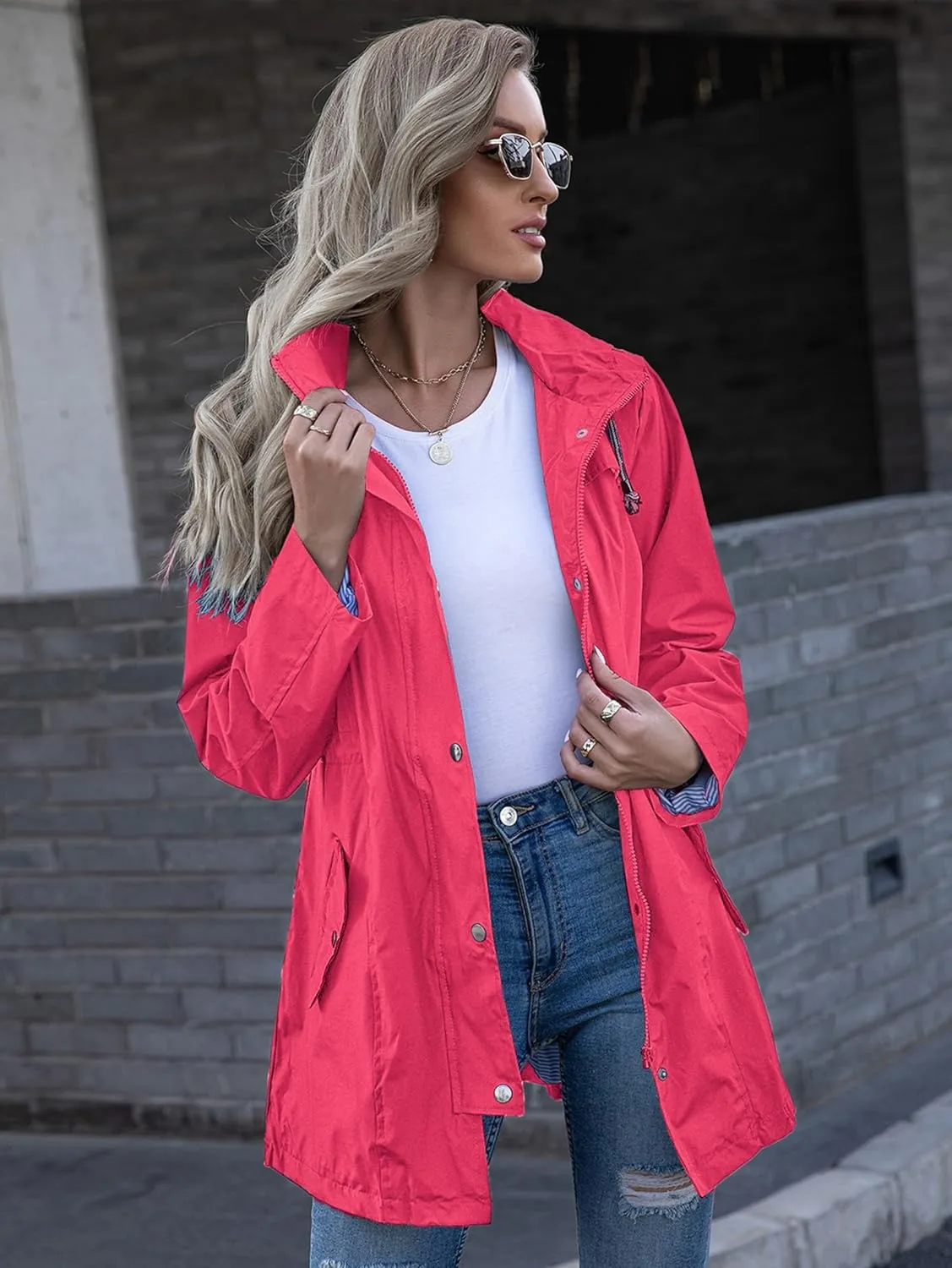Rain Jacket Women Striped Lined Hooded Lightweight Raincoat Outdoor Waterproof Windbreaker