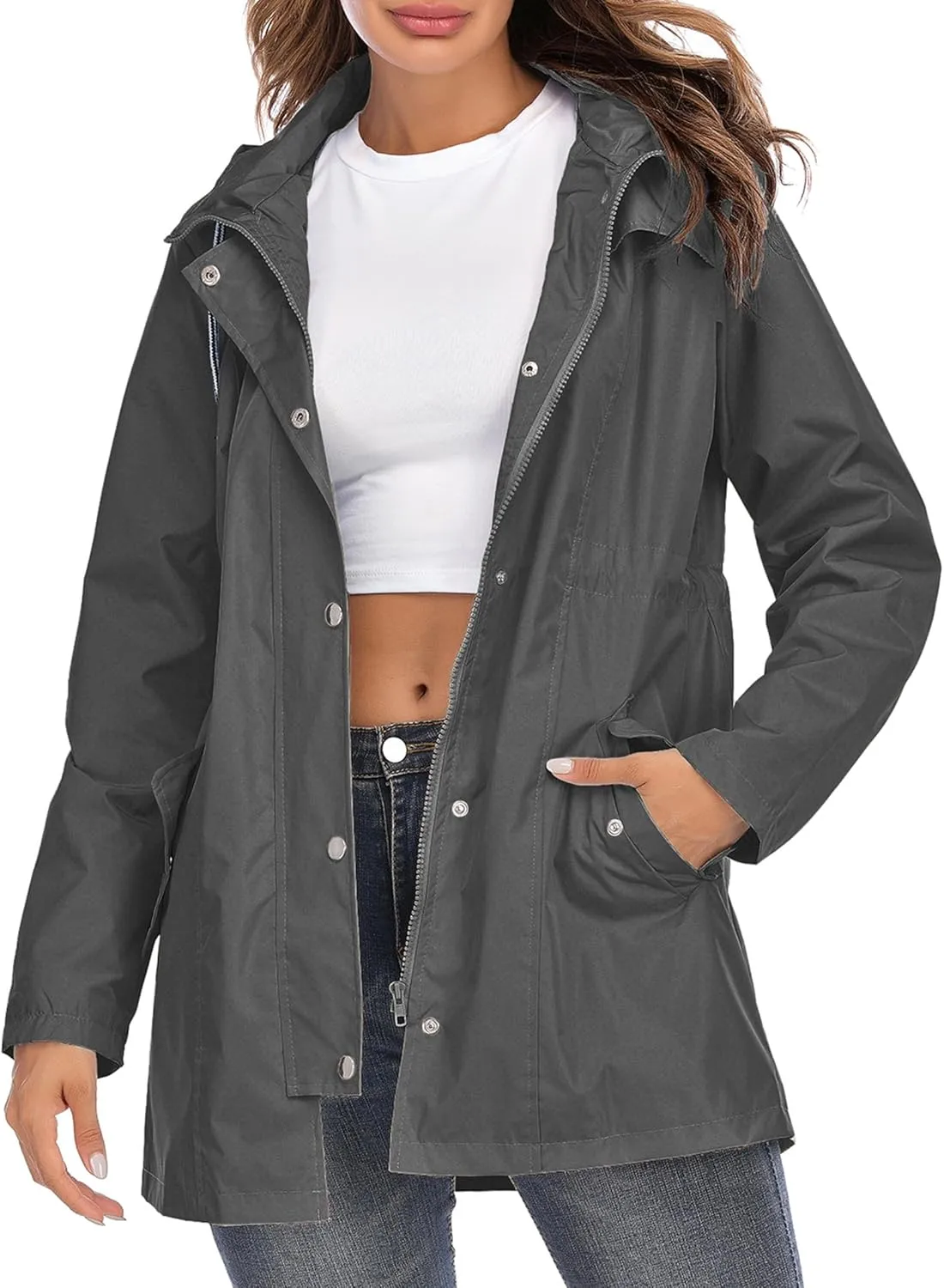 Rain Jacket Women Striped Lined Hooded Lightweight Raincoat Outdoor Waterproof Windbreaker