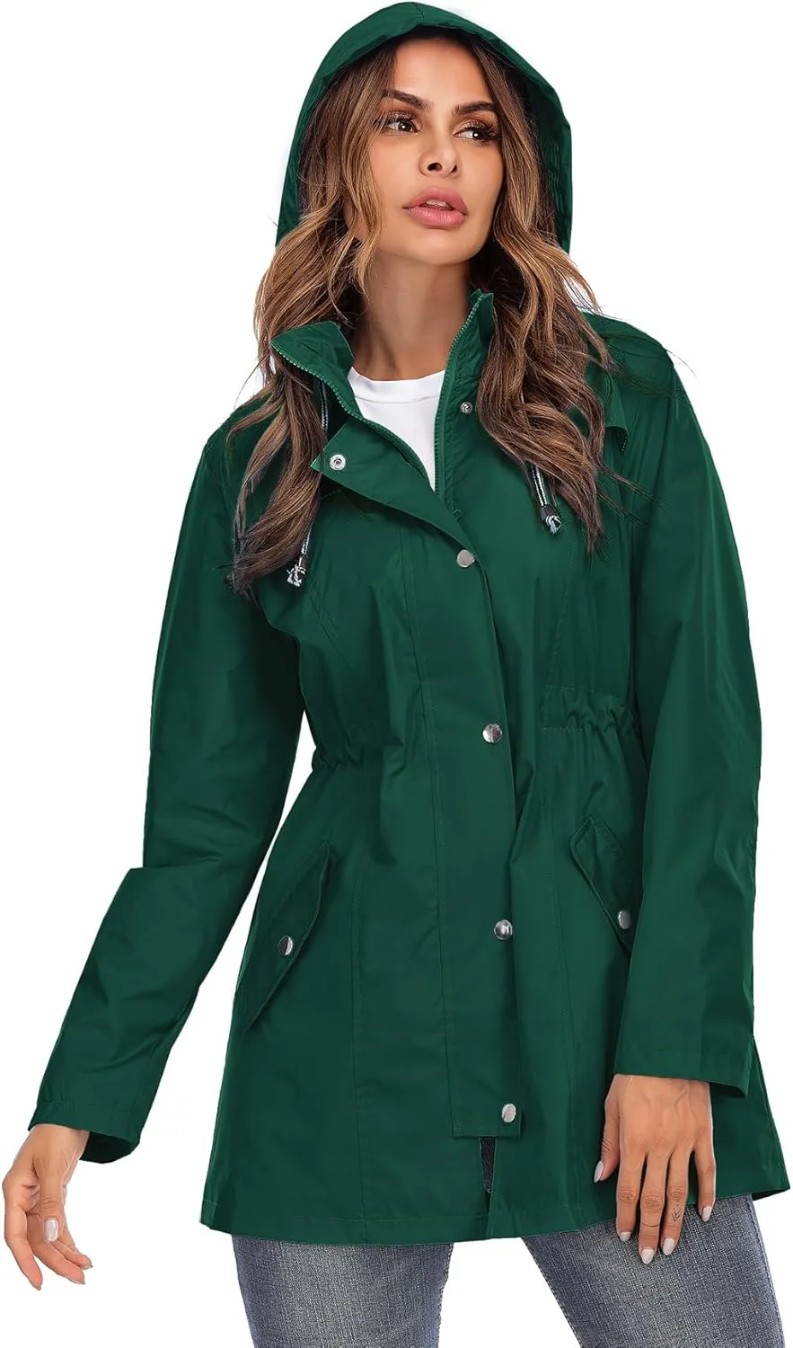 Rain Jacket Women Striped Lined Hooded Lightweight Raincoat Outdoor Waterproof Windbreaker
