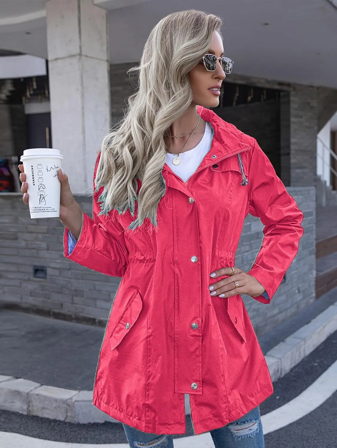 Rain Jacket Women Striped Lined Hooded Lightweight Raincoat Outdoor Waterproof Windbreaker