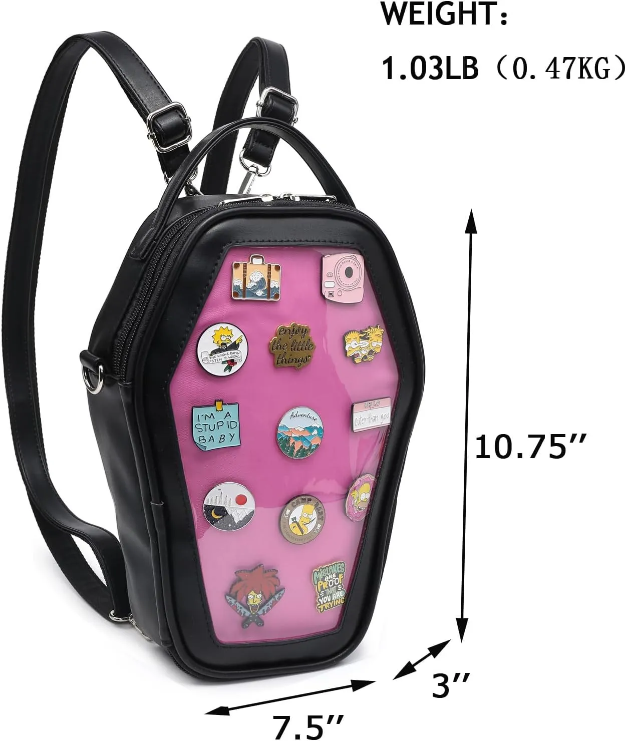 RAINBOW SMILE Ita Bag Backpack Gothic Coffin Shape Fashion Purses and Handbags Halloween JK Bags for Anime Pins Display