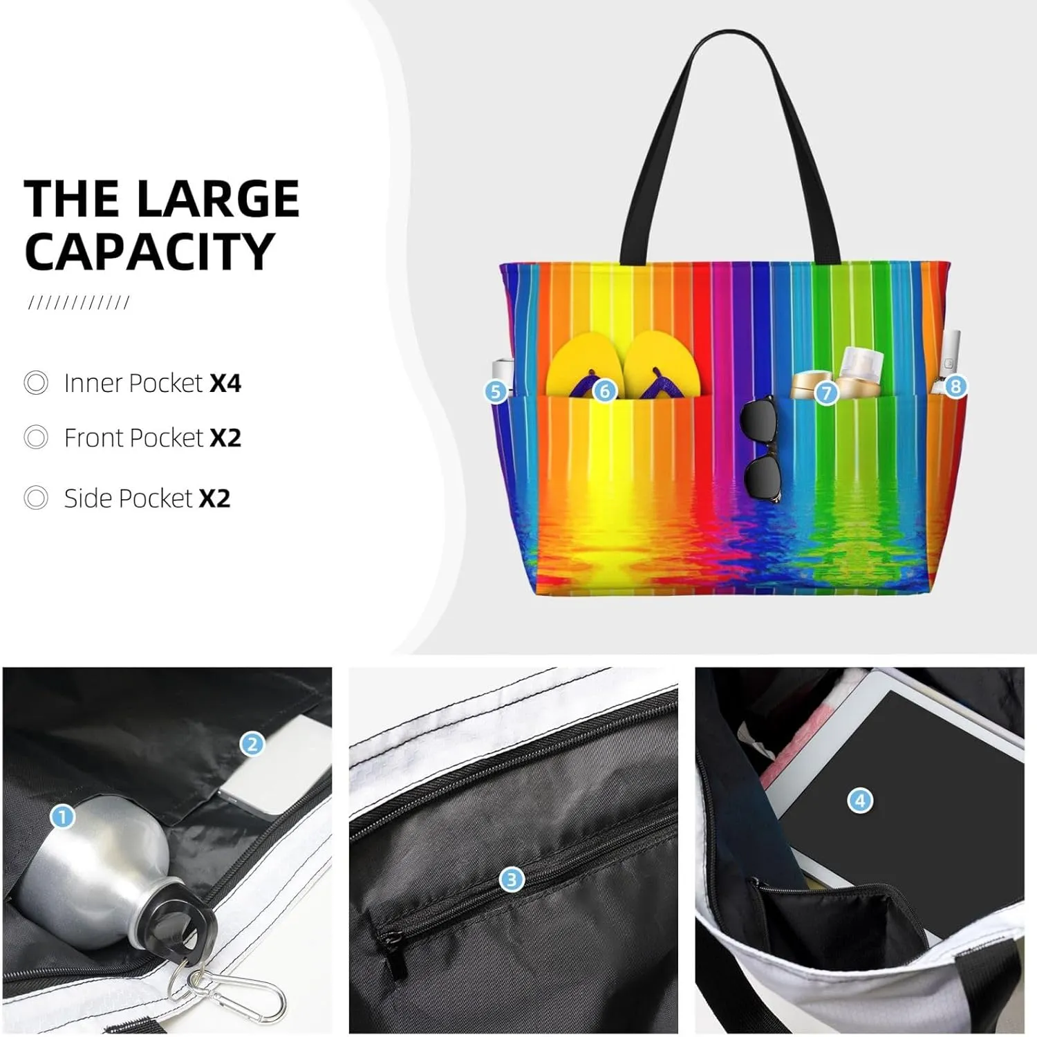 Rainbow Striped Beach Tote Bags For Women Travel Totes Bag Handbag With Zipper And Pockets For Travel Vacation