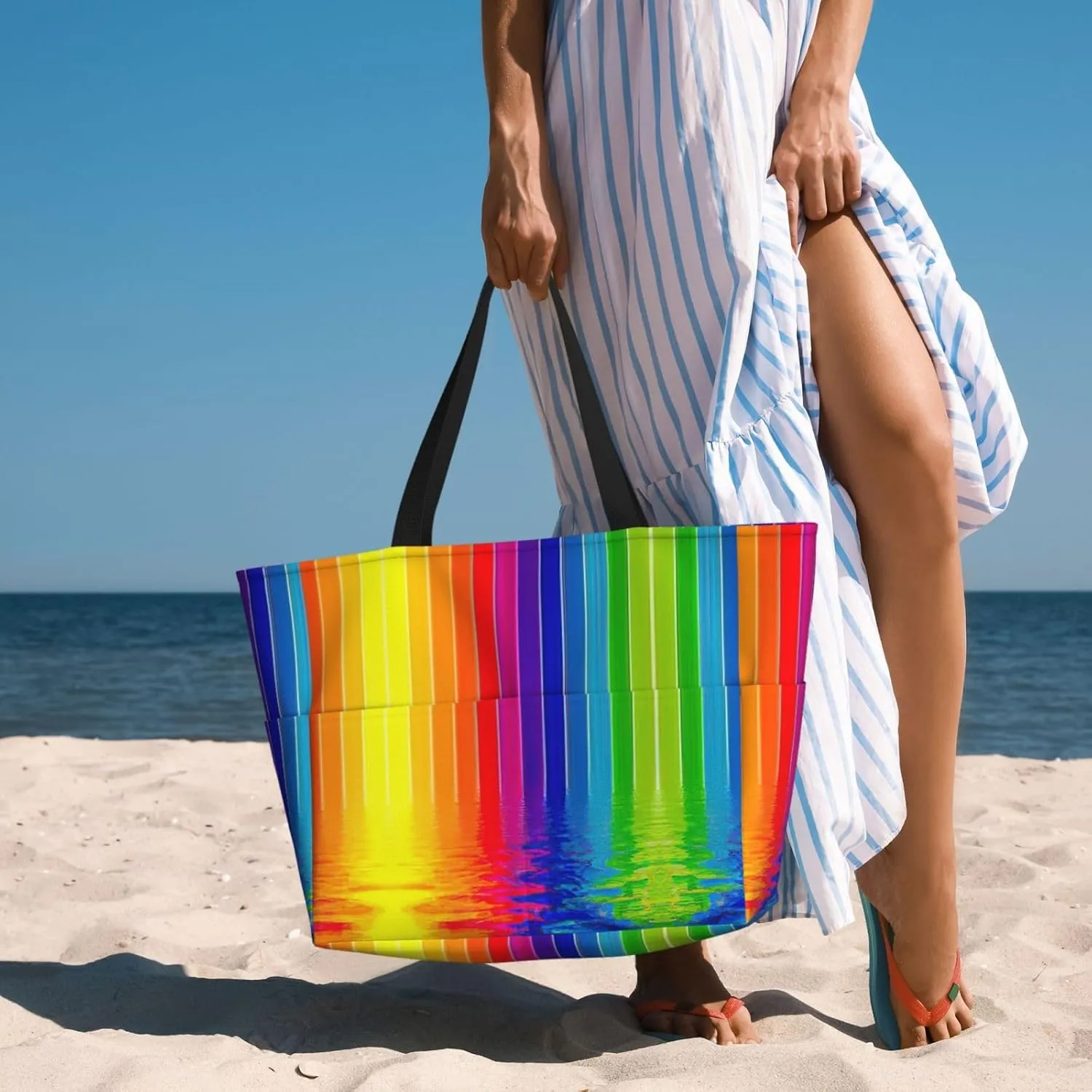 Rainbow Striped Beach Tote Bags For Women Travel Totes Bag Handbag With Zipper And Pockets For Travel Vacation