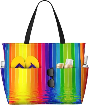 Rainbow Striped Beach Tote Bags For Women Travel Totes Bag Handbag With Zipper And Pockets For Travel Vacation