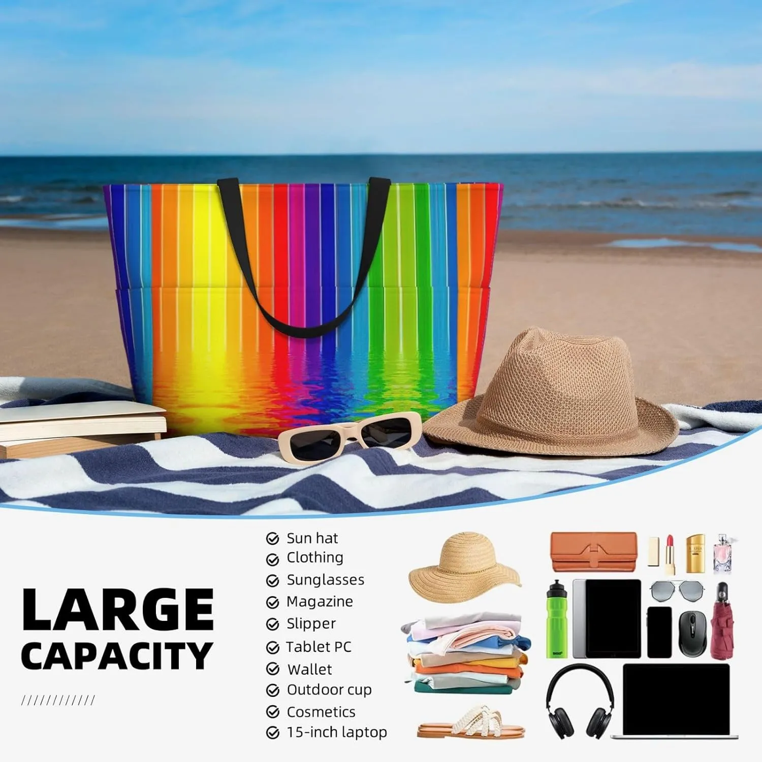 Rainbow Striped Beach Tote Bags For Women Travel Totes Bag Handbag With Zipper And Pockets For Travel Vacation