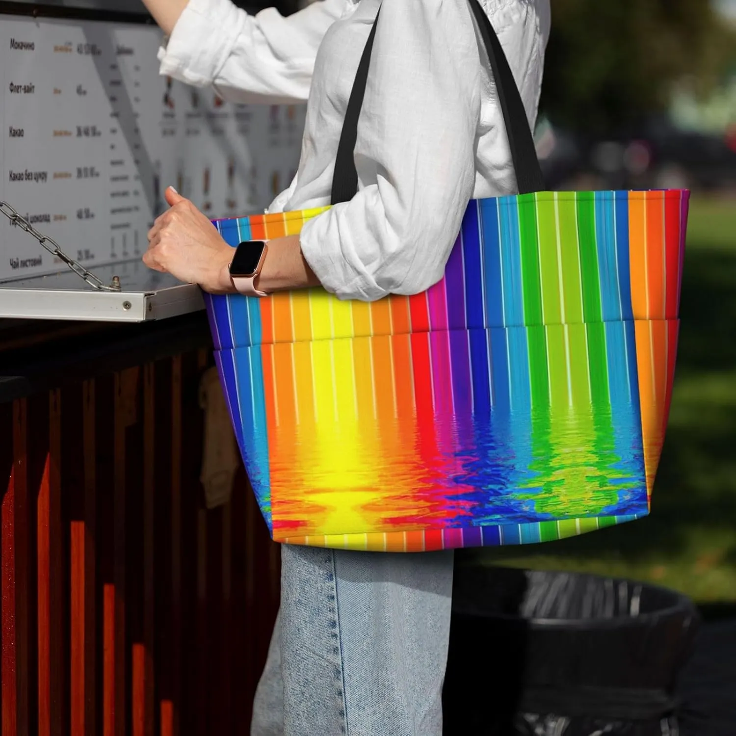 Rainbow Striped Beach Tote Bags For Women Travel Totes Bag Handbag With Zipper And Pockets For Travel Vacation
