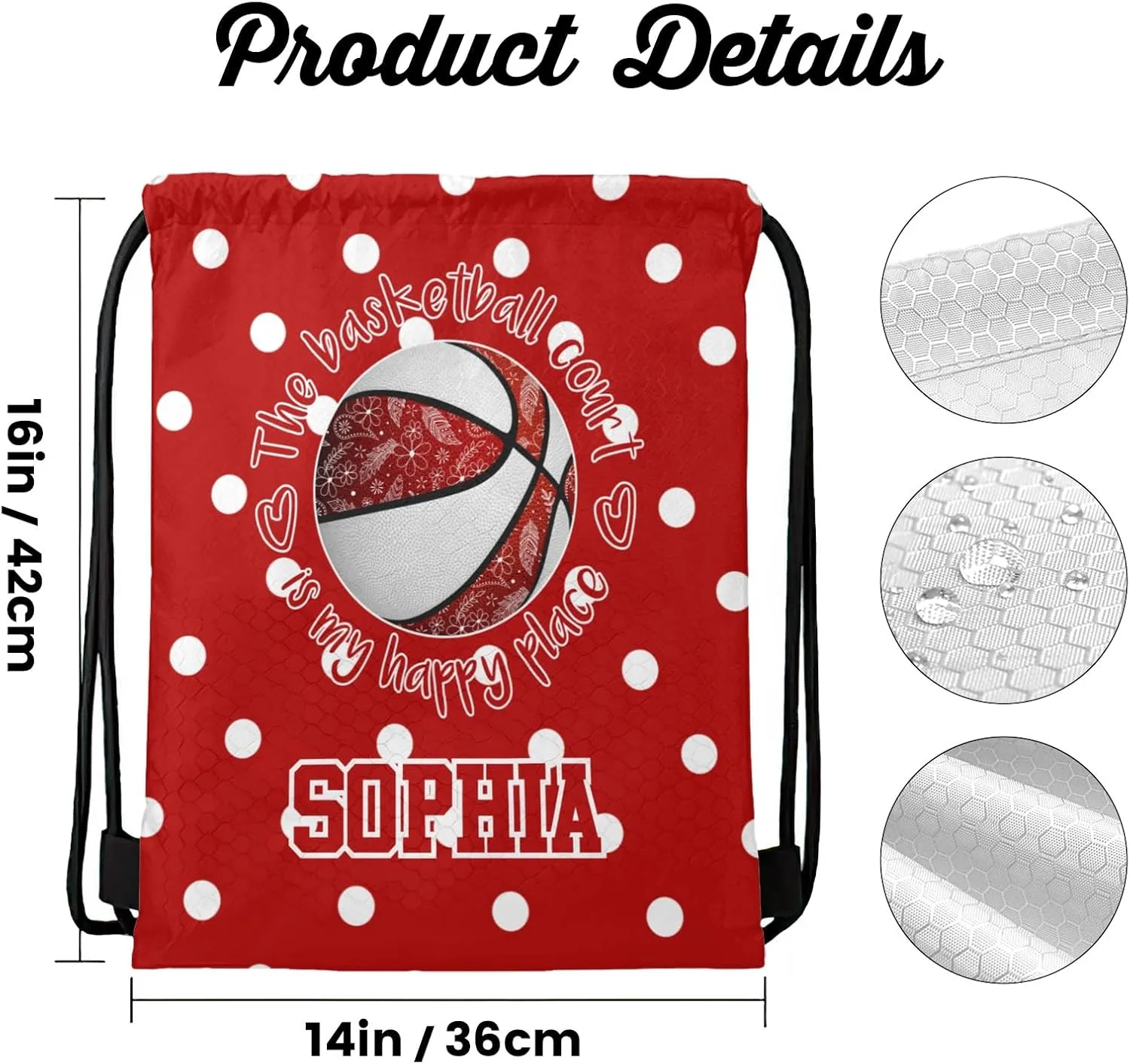 Red Basketball Personalized Drawstring Backpack Bags Draw String Sport Gym Bag Draw String Back Sack Waterproof Swimming Festival Gift
