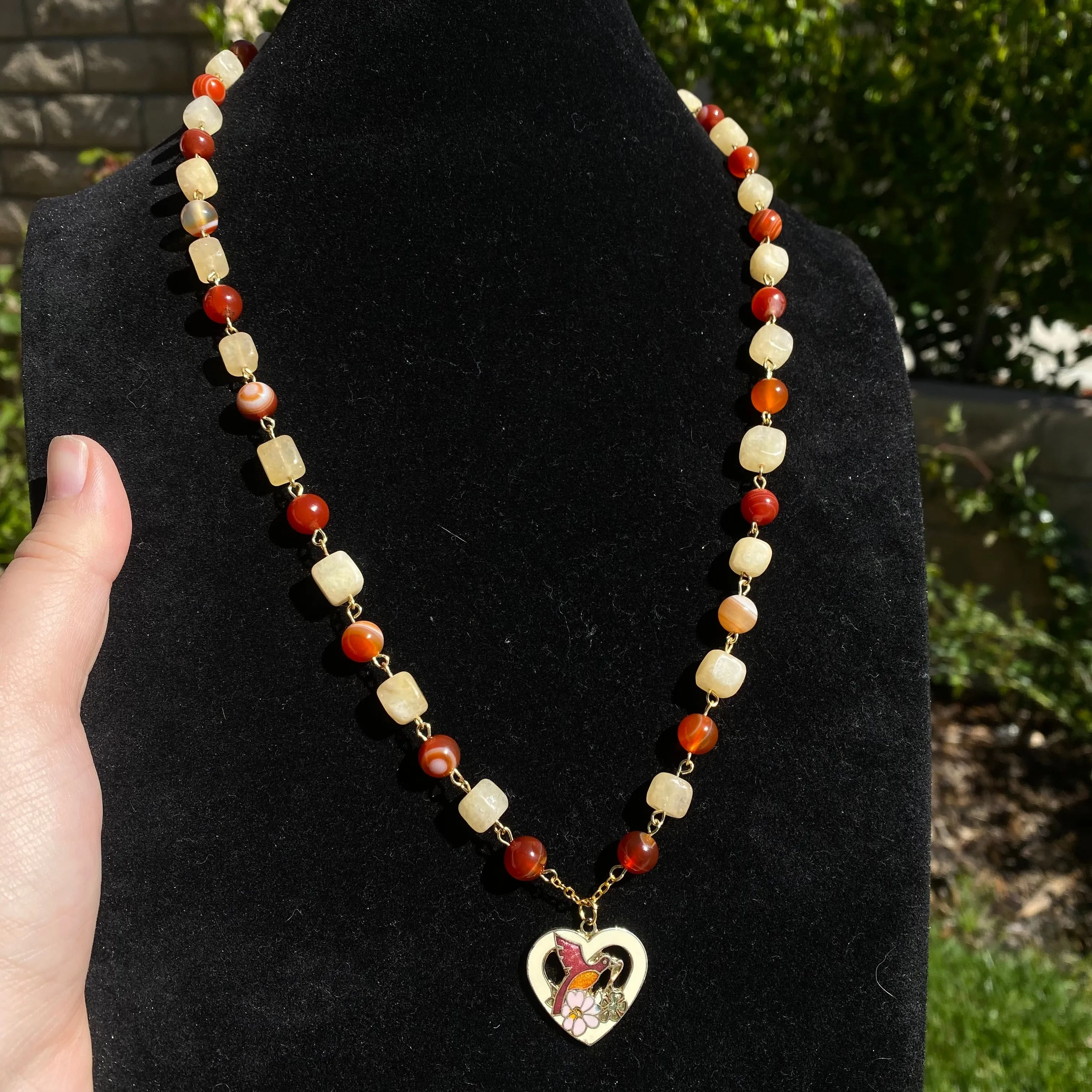 ‘Red Bird Red Bird What Do You See’ Carnelian and Orange Calcite Beaded Enamel Heart Shaped Red Bird and Floral Vintage Upcycled Necklace