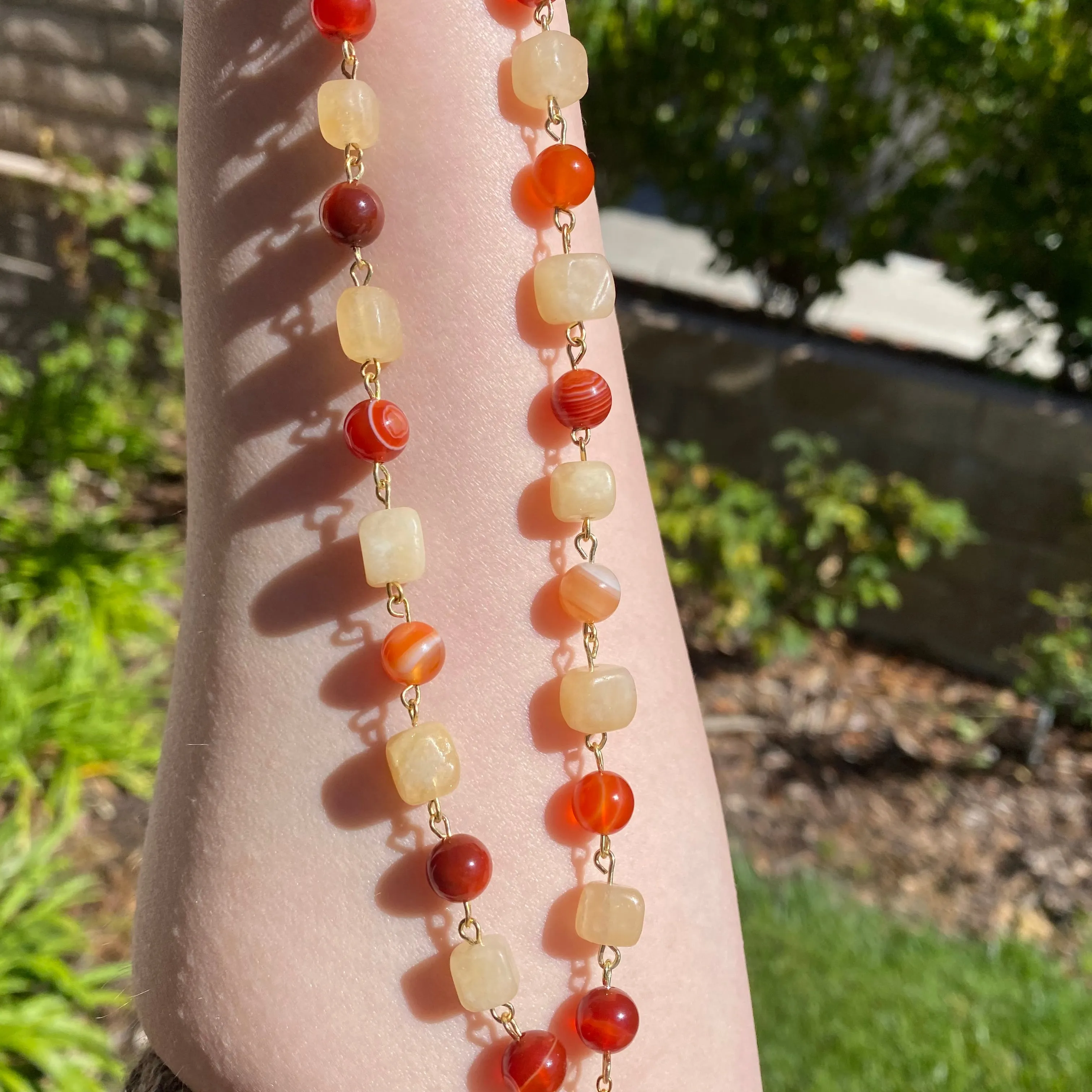 ‘Red Bird Red Bird What Do You See’ Carnelian and Orange Calcite Beaded Enamel Heart Shaped Red Bird and Floral Vintage Upcycled Necklace