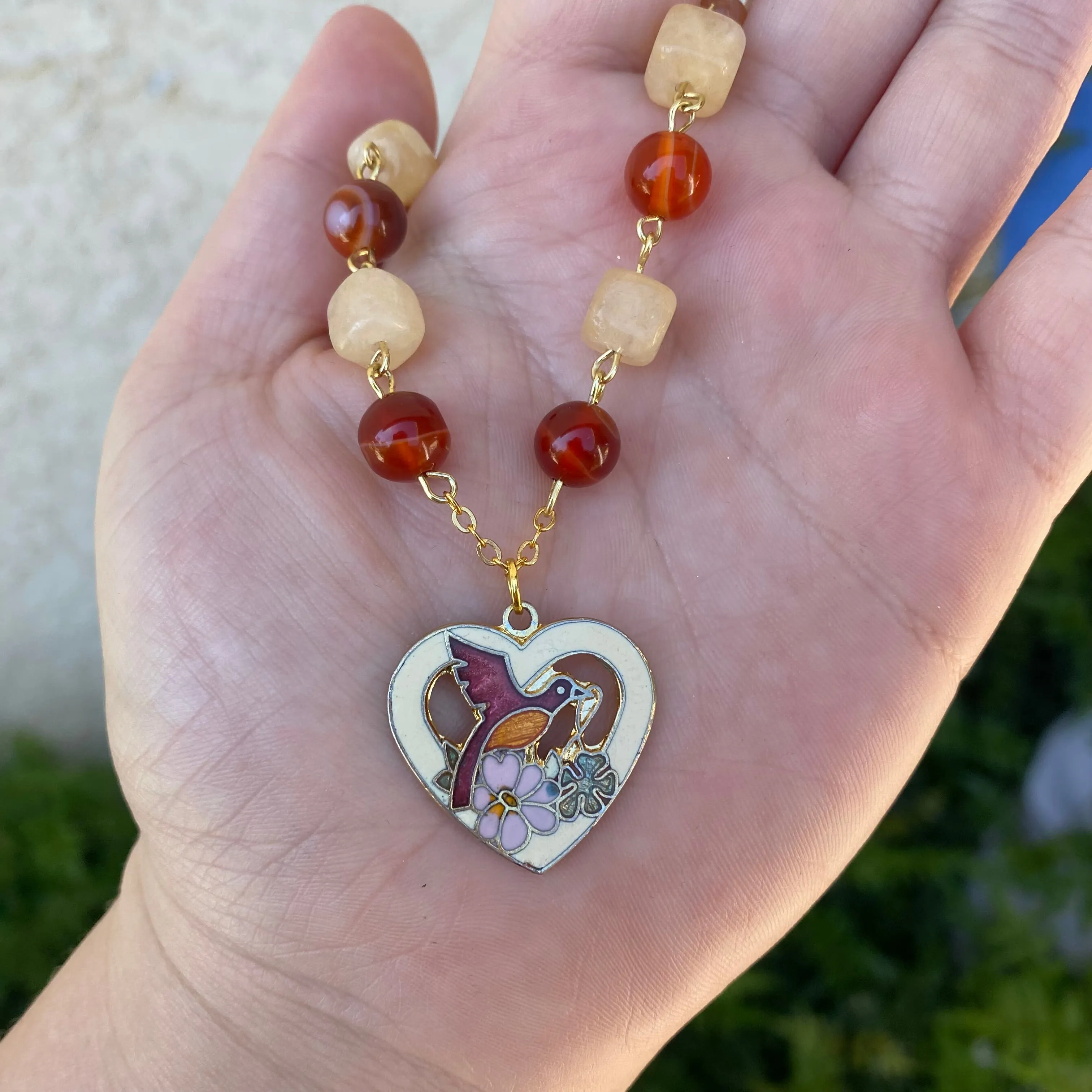 ‘Red Bird Red Bird What Do You See’ Carnelian and Orange Calcite Beaded Enamel Heart Shaped Red Bird and Floral Vintage Upcycled Necklace