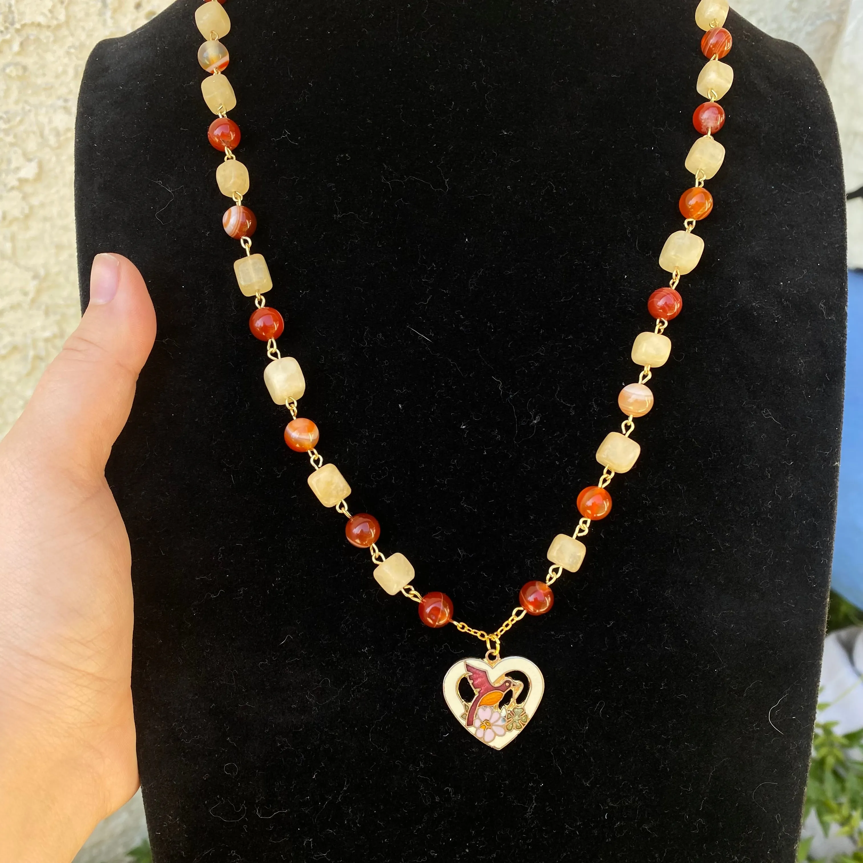 ‘Red Bird Red Bird What Do You See’ Carnelian and Orange Calcite Beaded Enamel Heart Shaped Red Bird and Floral Vintage Upcycled Necklace