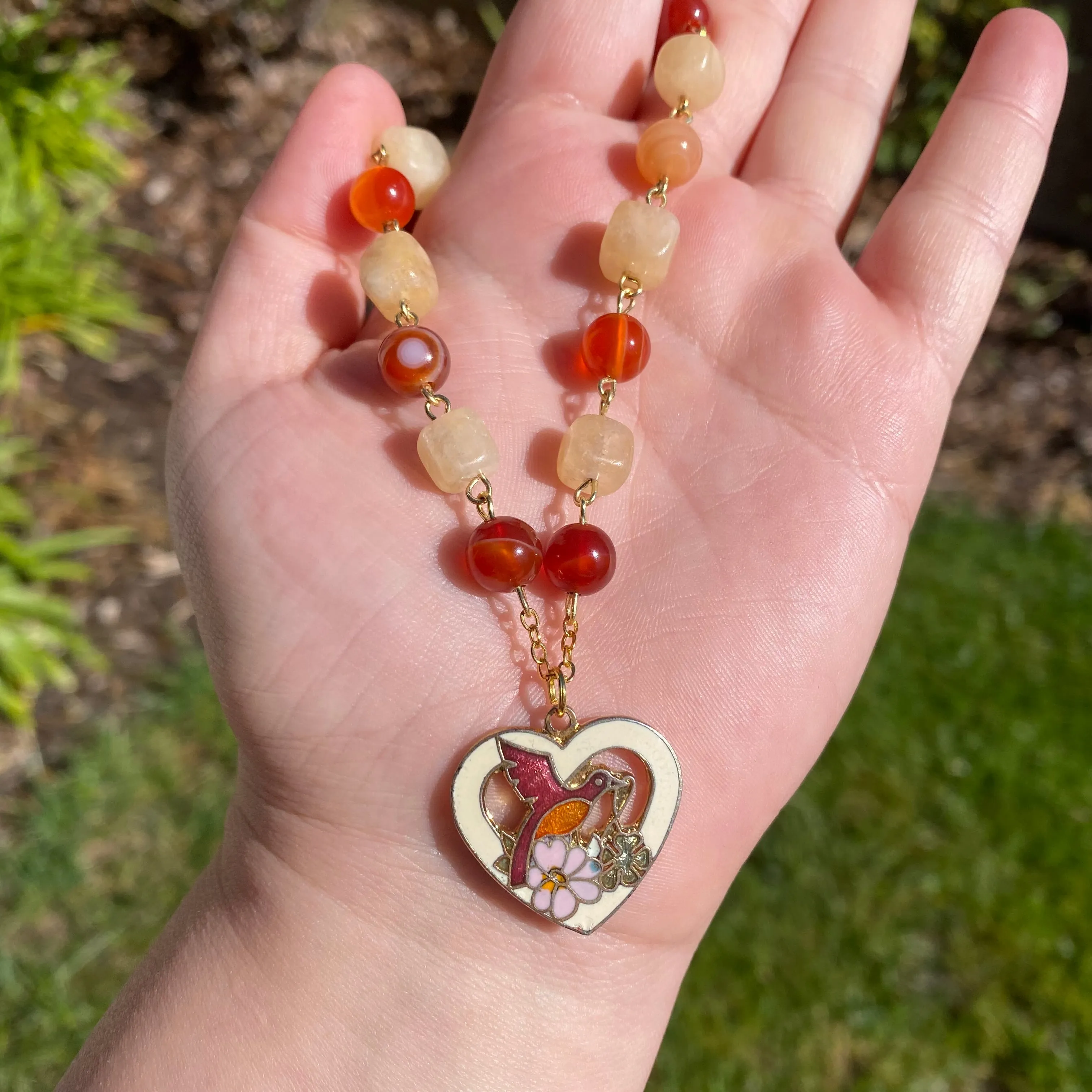 ‘Red Bird Red Bird What Do You See’ Carnelian and Orange Calcite Beaded Enamel Heart Shaped Red Bird and Floral Vintage Upcycled Necklace