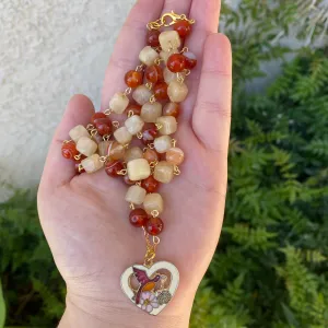 ‘Red Bird Red Bird What Do You See’ Carnelian and Orange Calcite Beaded Enamel Heart Shaped Red Bird and Floral Vintage Upcycled Necklace