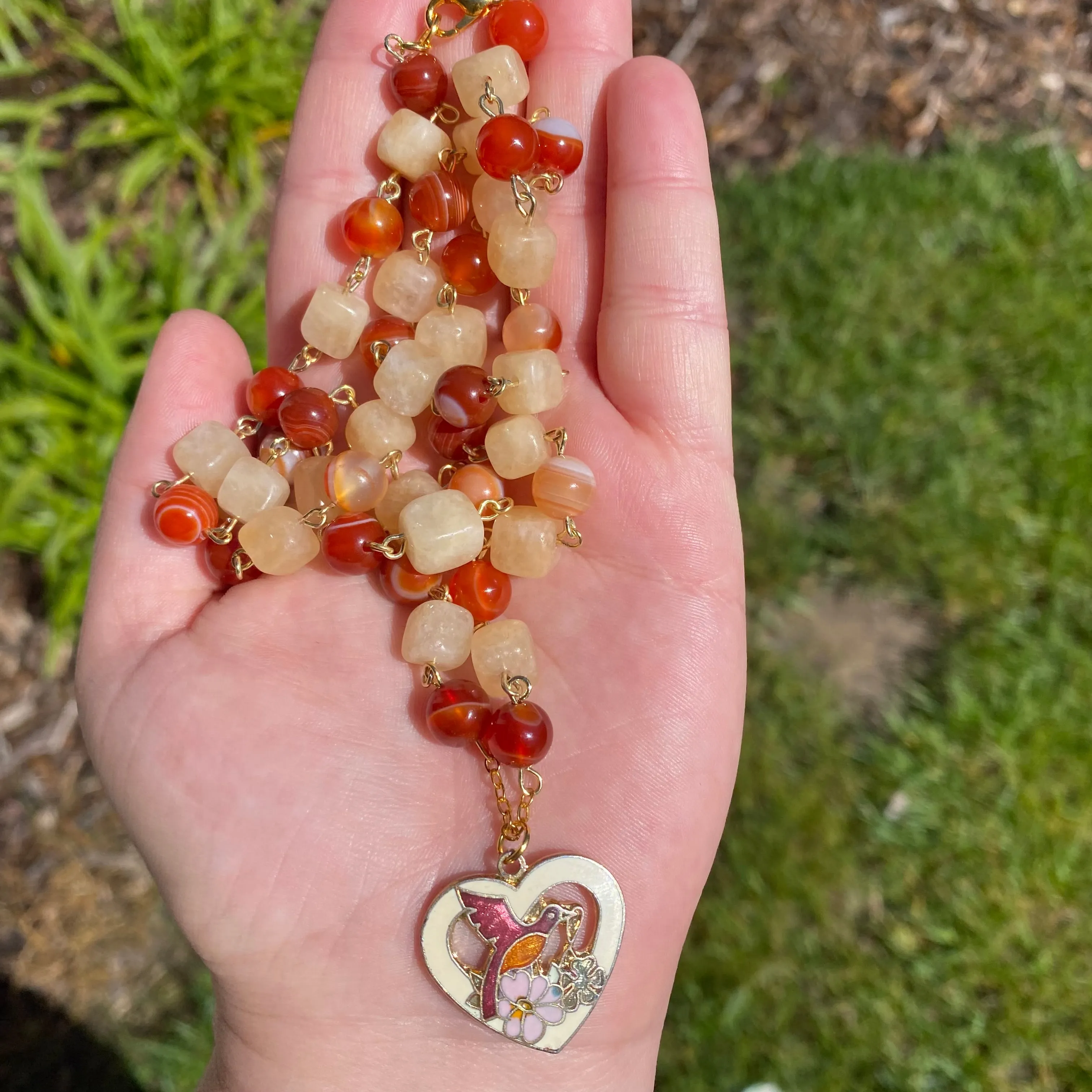 ‘Red Bird Red Bird What Do You See’ Carnelian and Orange Calcite Beaded Enamel Heart Shaped Red Bird and Floral Vintage Upcycled Necklace