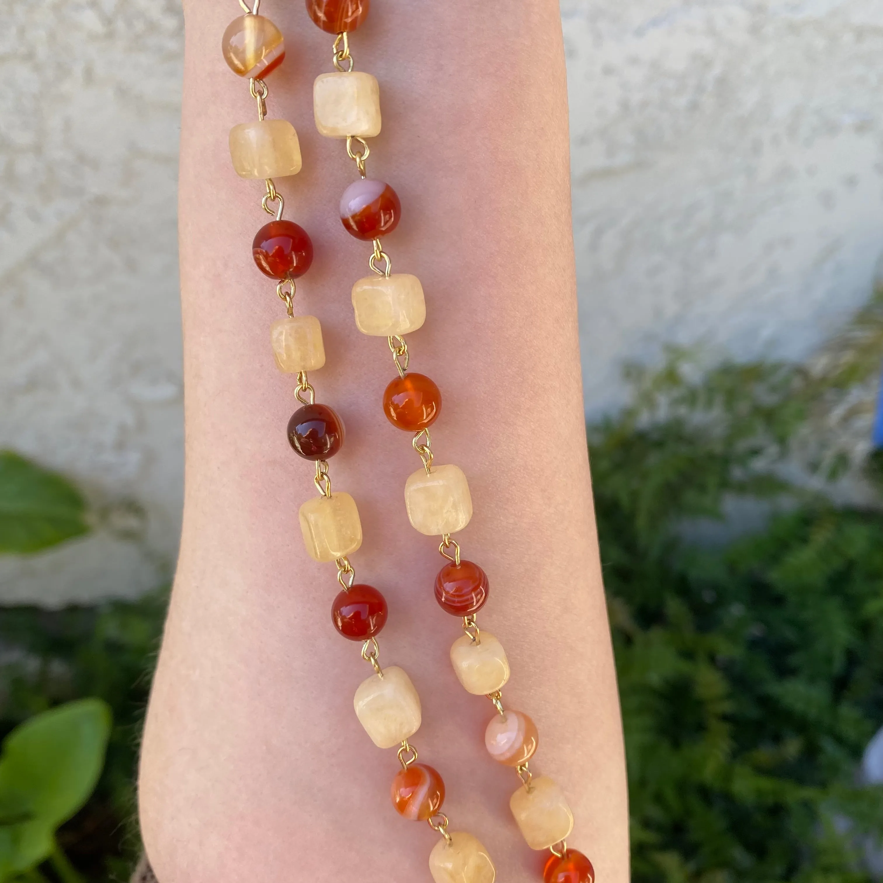 ‘Red Bird Red Bird What Do You See’ Carnelian and Orange Calcite Beaded Enamel Heart Shaped Red Bird and Floral Vintage Upcycled Necklace