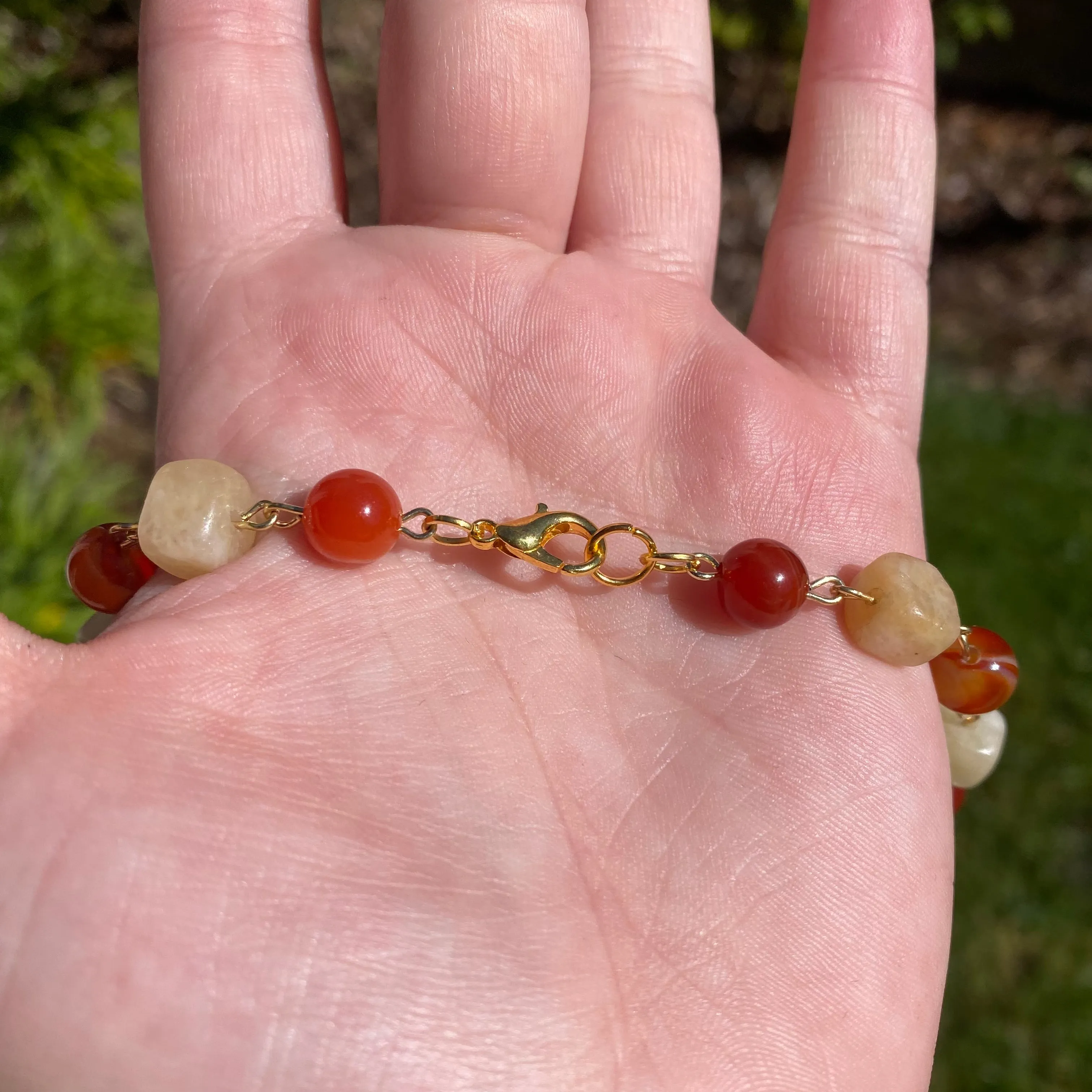 ‘Red Bird Red Bird What Do You See’ Carnelian and Orange Calcite Beaded Enamel Heart Shaped Red Bird and Floral Vintage Upcycled Necklace
