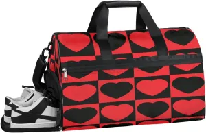 Red Black Heart Gym Bag for Women and Men Duffel Bag for Sports Gyms and Weekend Getaway Checked Water-resistant Travel Dufflebag with Shoe Compartments
