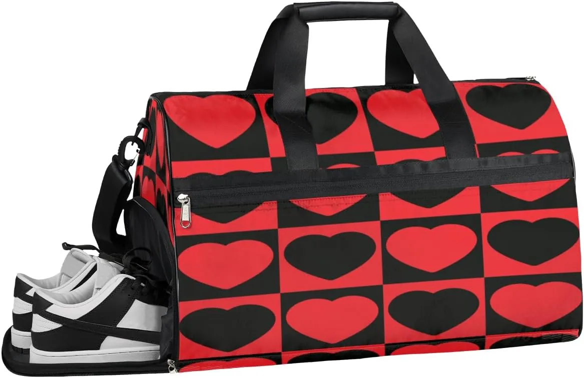 Red Black Heart Gym Bag for Women and Men Duffel Bag for Sports Gyms and Weekend Getaway Checked Water-resistant Travel Dufflebag with Shoe Compartments