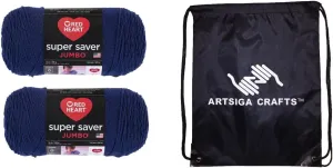 Red Heart Knitting Yarn Super Saver Jumbo Soft Navy 2-Skein Factory Pack (Same Dyelot) E302C-387 with 1 Project Bag