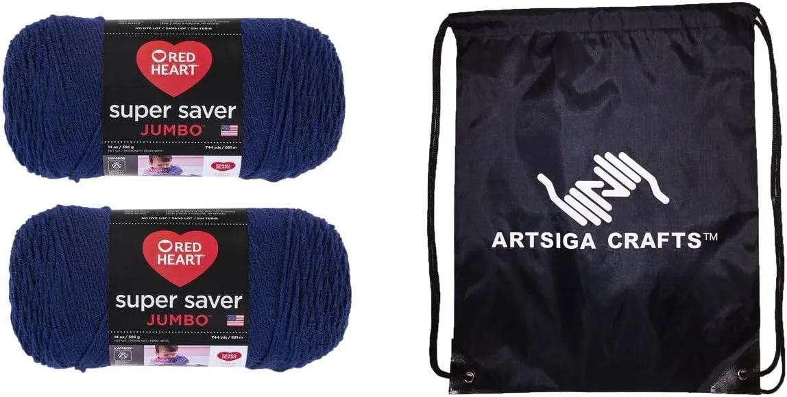 Red Heart Knitting Yarn Super Saver Jumbo Soft Navy 2-Skein Factory Pack (Same Dyelot) E302C-387 with 1 Project Bag