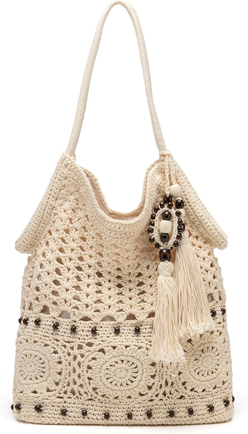 Rejolly Crochet Hobo Bag for Women Boho Woven Tote Bag Summer Vacation Beach Handbags Bohemian Shoulder Purse with Tassels