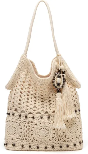 Rejolly Crochet Hobo Bag for Women Boho Woven Tote Bag Summer Vacation Beach Handbags Bohemian Shoulder Purse with Tassels