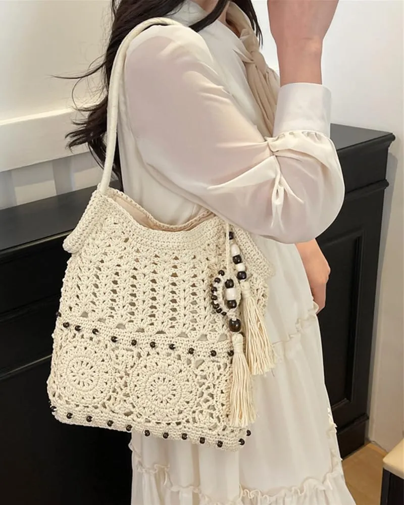 Rejolly Crochet Hobo Bag for Women Boho Woven Tote Bag Summer Vacation Beach Handbags Bohemian Shoulder Purse with Tassels