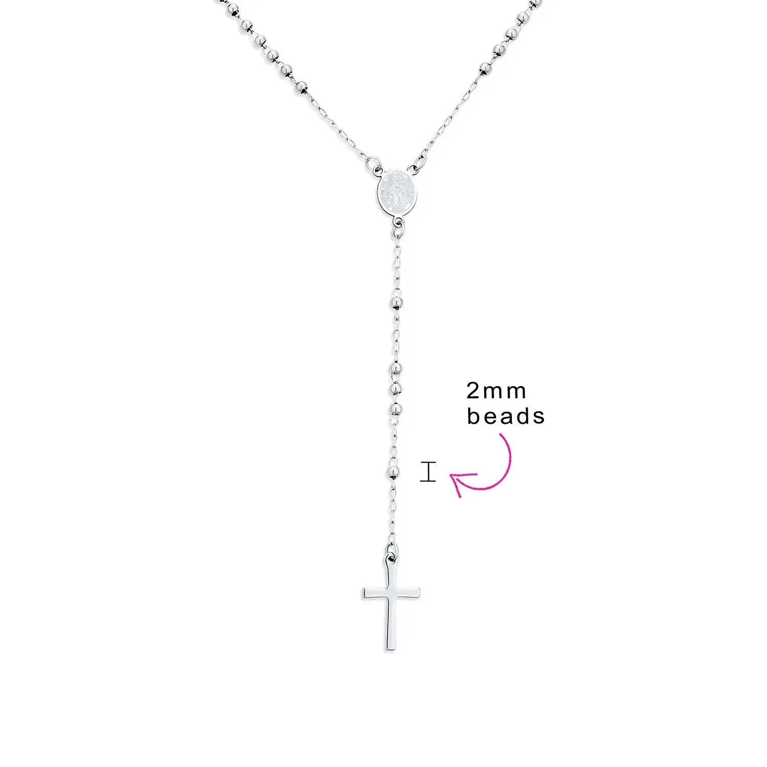 Religious Christian Virgin Mary and Cross Rosary Chain Drop Necklace Silver Tone