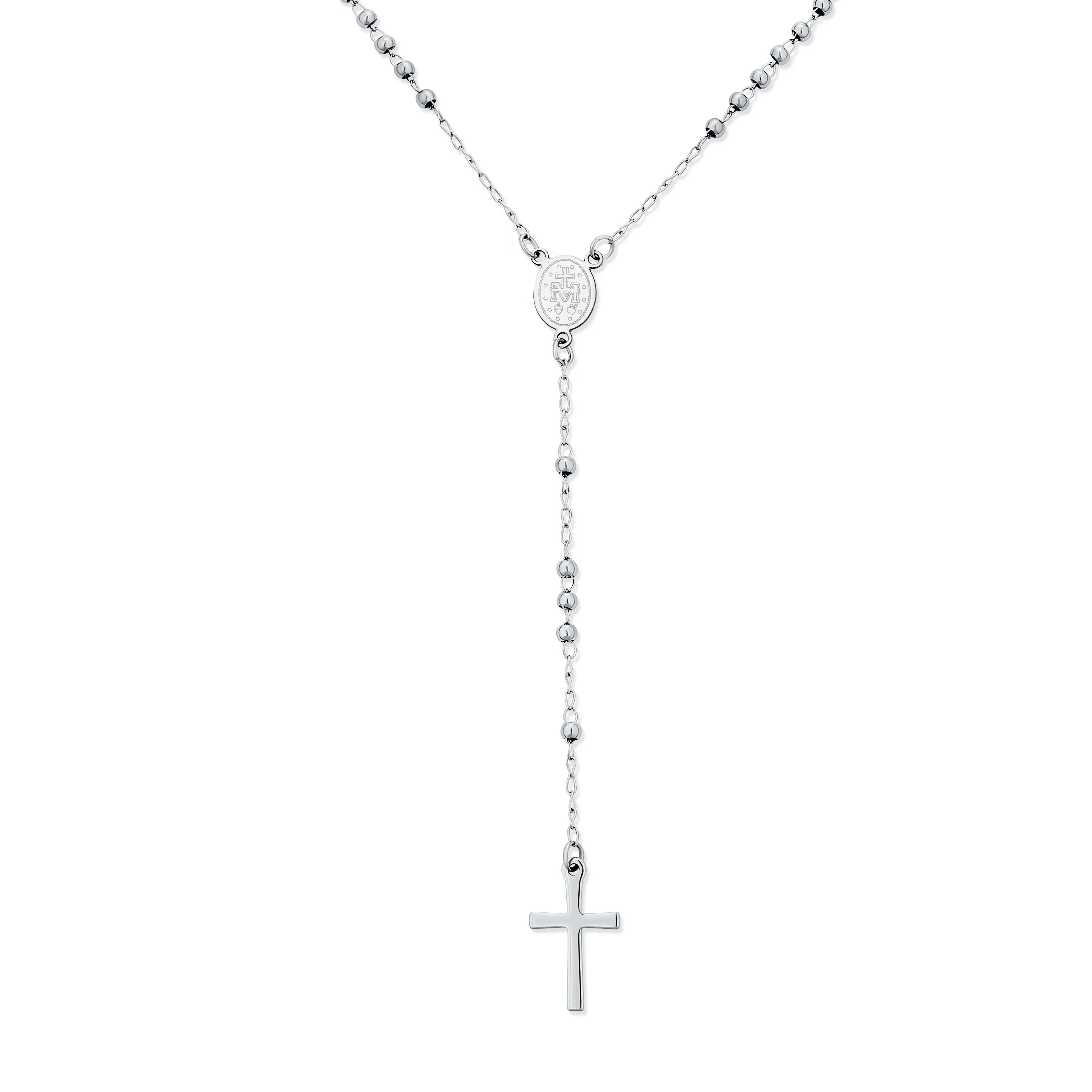 Religious Christian Virgin Mary and Cross Rosary Chain Drop Necklace Silver Tone