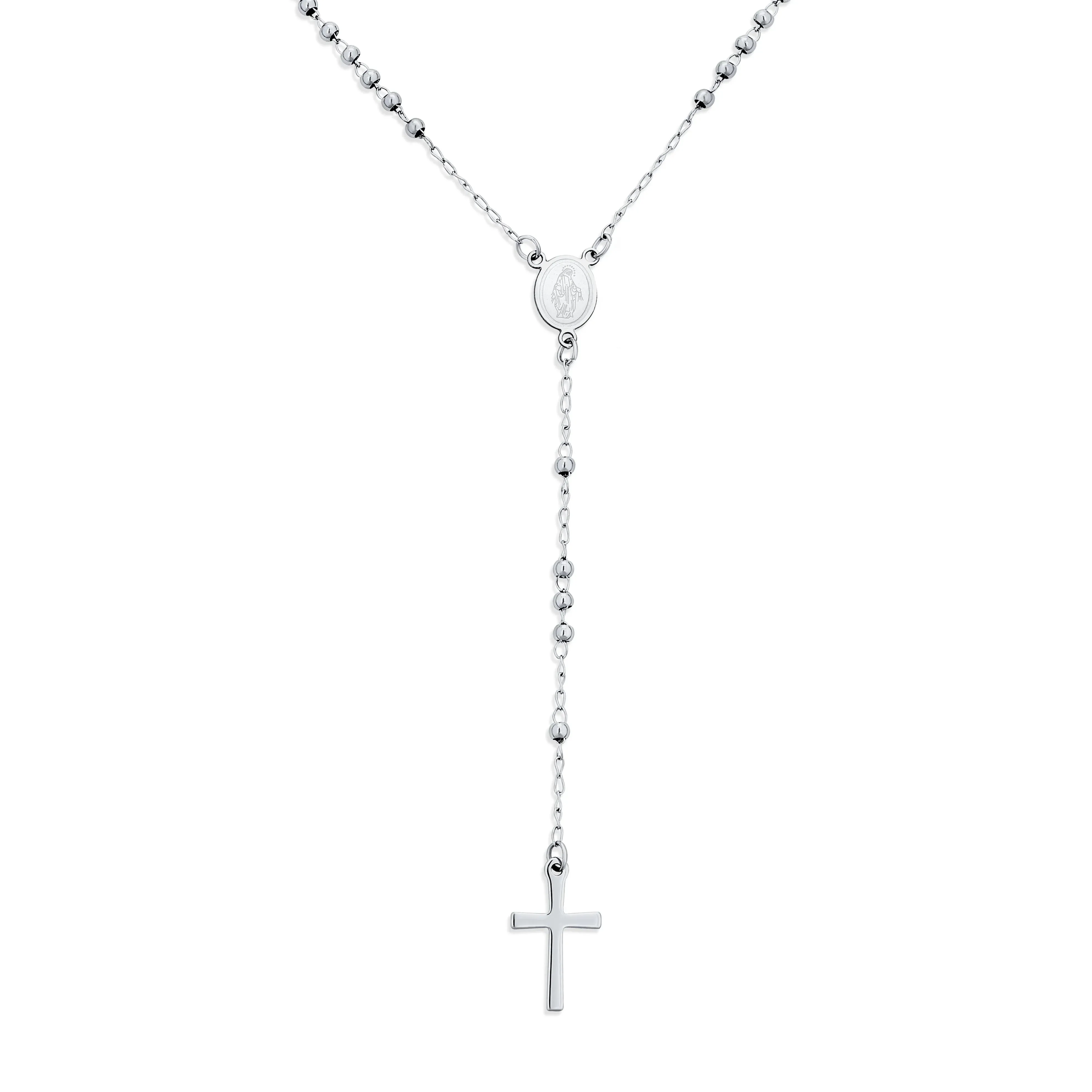 Religious Christian Virgin Mary and Cross Rosary Chain Drop Necklace Silver Tone