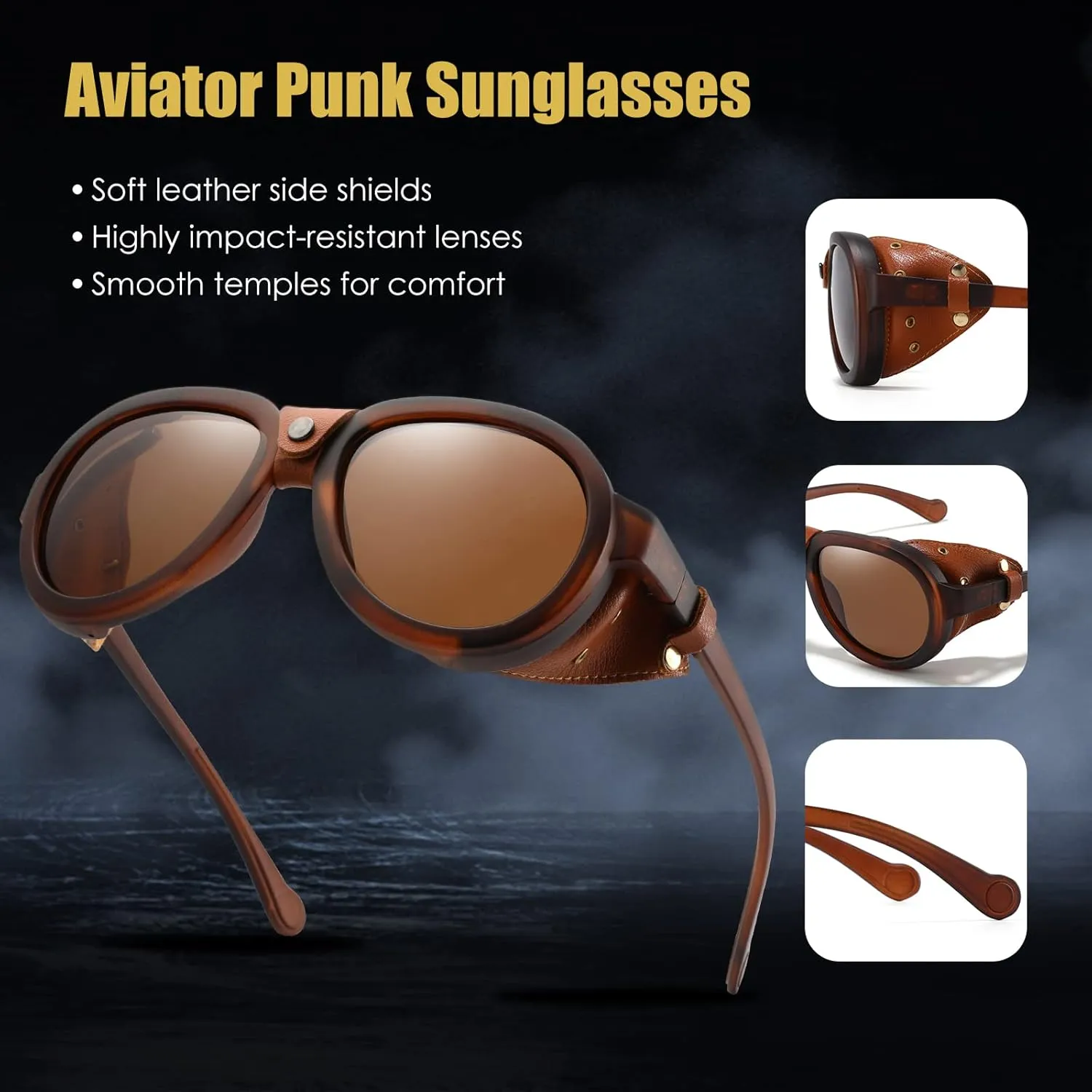 Retro Aviator Steampunk Polarized Sunglasses with Leather Side Shield Vintage Goggles Gothic Eyewear for Men Women