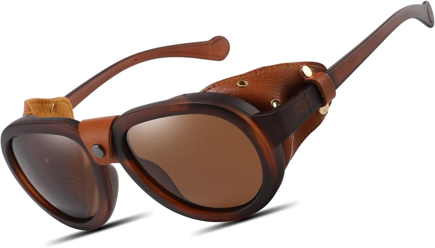 Retro Aviator Steampunk Polarized Sunglasses with Leather Side Shield Vintage Goggles Gothic Eyewear for Men Women