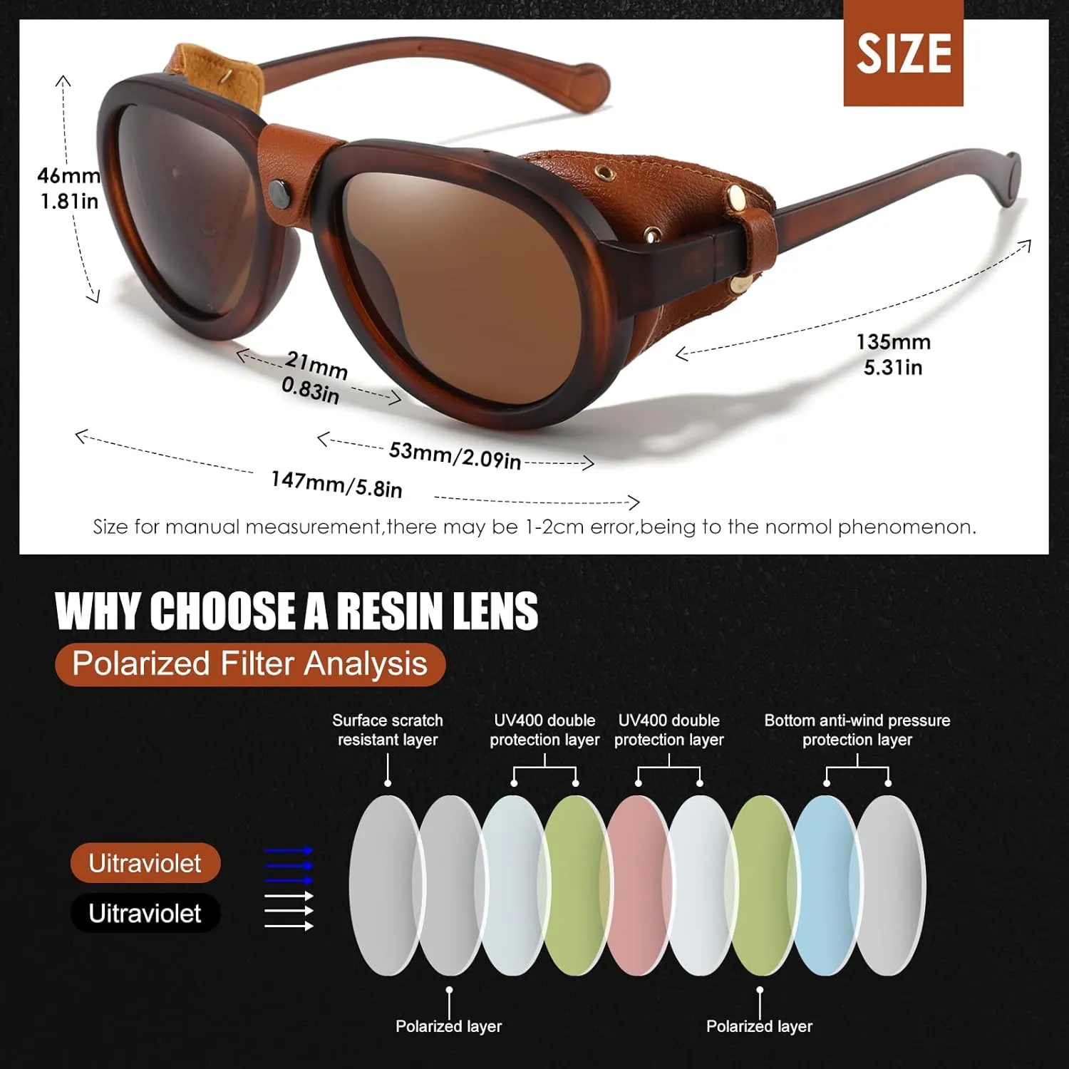 Retro Aviator Steampunk Polarized Sunglasses with Leather Side Shield Vintage Goggles Gothic Eyewear for Men Women