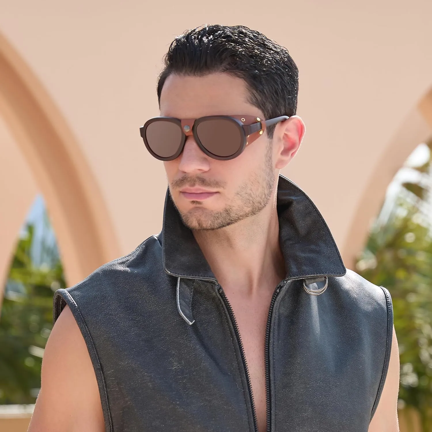 Retro Aviator Steampunk Polarized Sunglasses with Leather Side Shield Vintage Goggles Gothic Eyewear for Men Women
