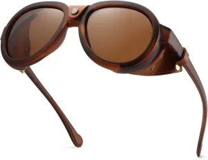 Retro Aviator Steampunk Polarized Sunglasses with Leather Side Shield Vintage Goggles Gothic Eyewear for Men Women